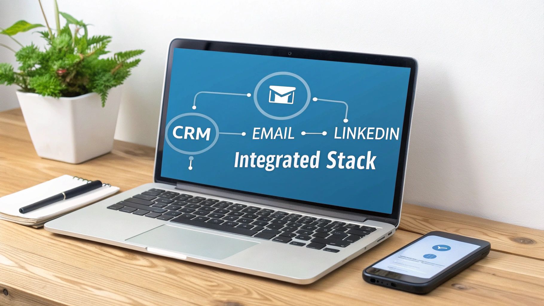 Laptop screen displaying a diagram of an 'Integrated Stack' connecting CRM, Email, and LinkedIn.