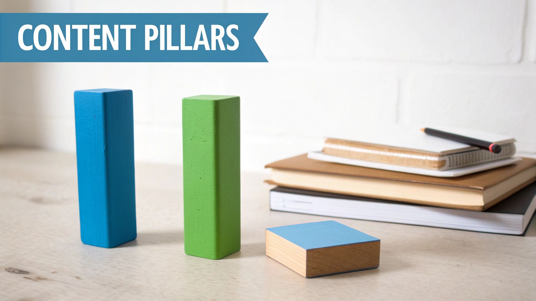Content Pillars banner above colorful blocks and books, illustrating a structured content creation process.