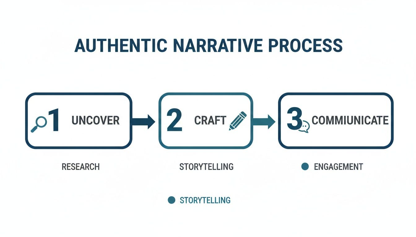 Diagram illustrating the authentic narrative process with three steps: uncover (research), craft (storytelling), and communicate (engagement).
