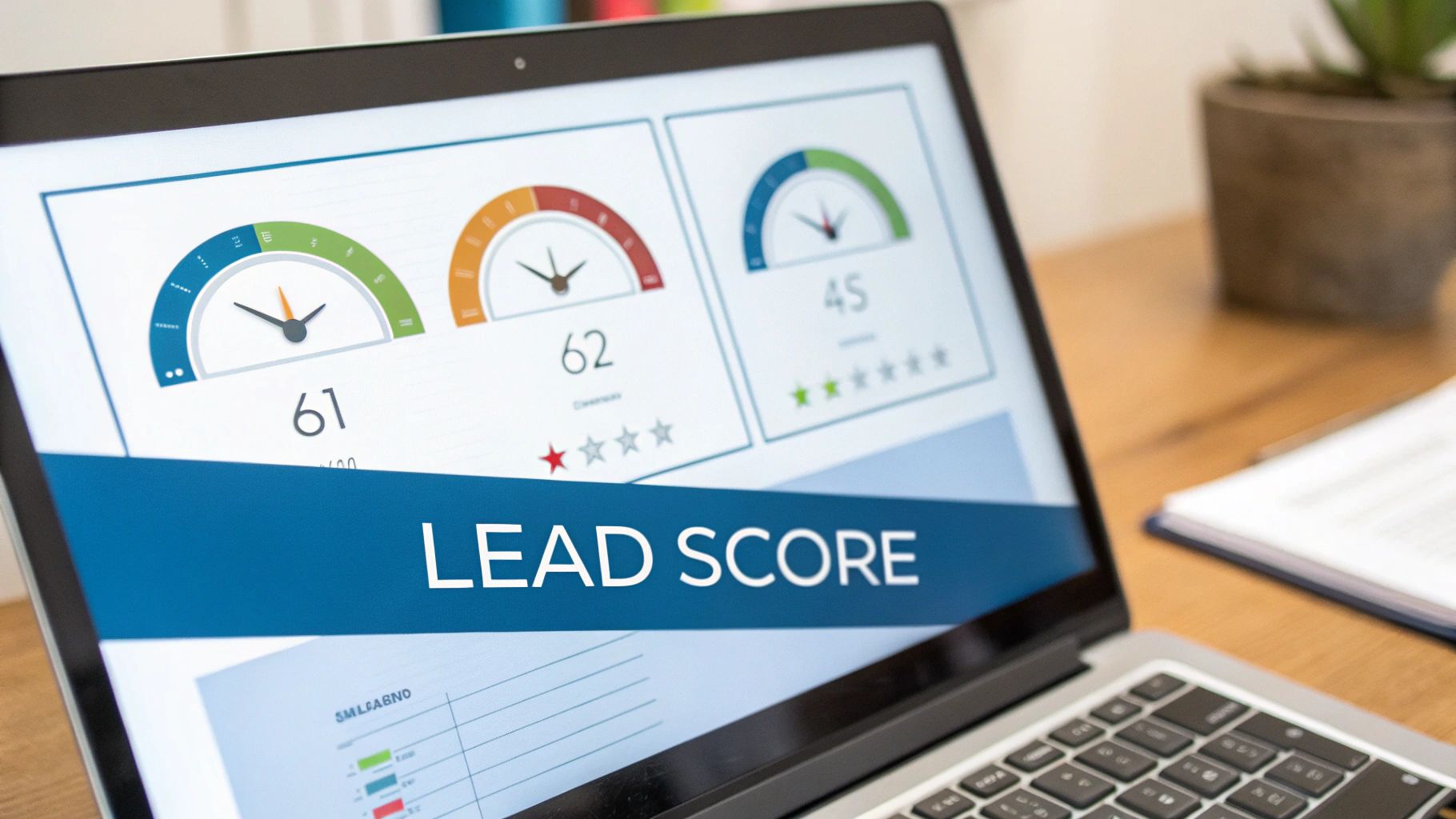 A laptop screen displays a 'Lead Score' dashboard with colorful gauges and numbers, symbolizing sales data.