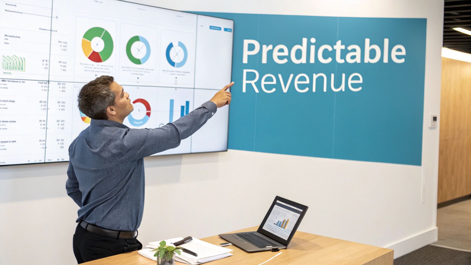 A man points at a large screen displaying business analytics charts and 'Predictable Revenue' text.
