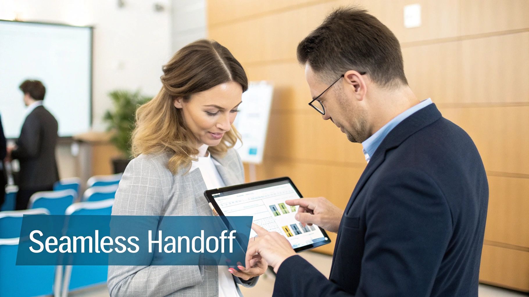 Two business professionals collaborate, viewing content on a digital tablet in a modern conference setting.