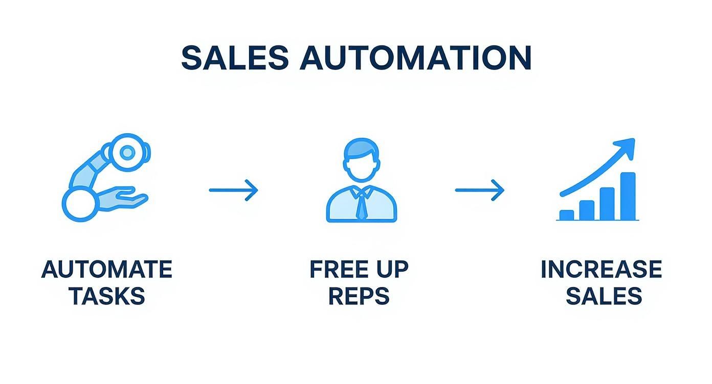 A diagram illustrating sales automation: automating tasks frees up sales reps, leading to increased sales.