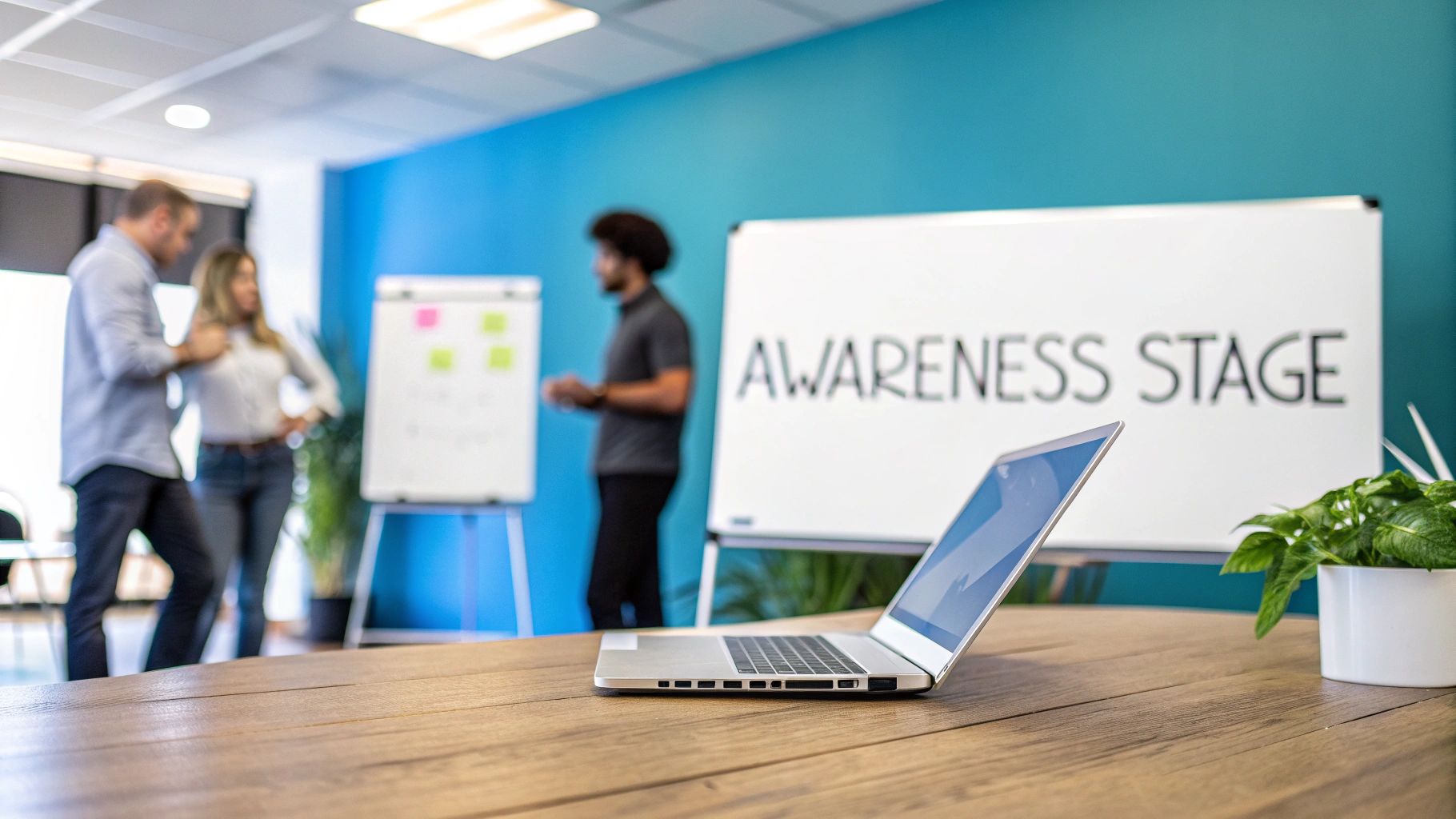 Blurred colleagues discuss marketing strategy in an office with whiteboards, a laptop, and a plant.