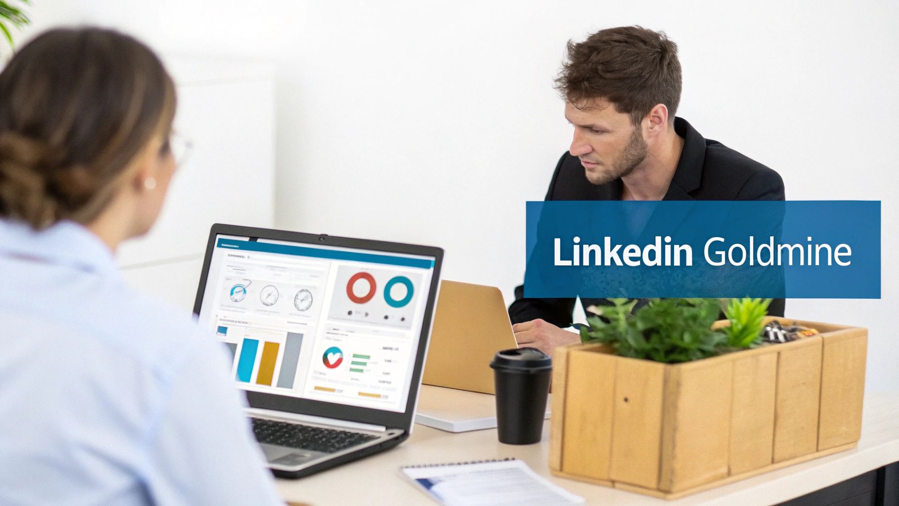 Two business professionals analyzing data on a laptop in an office, discussing LinkedIn strategies.