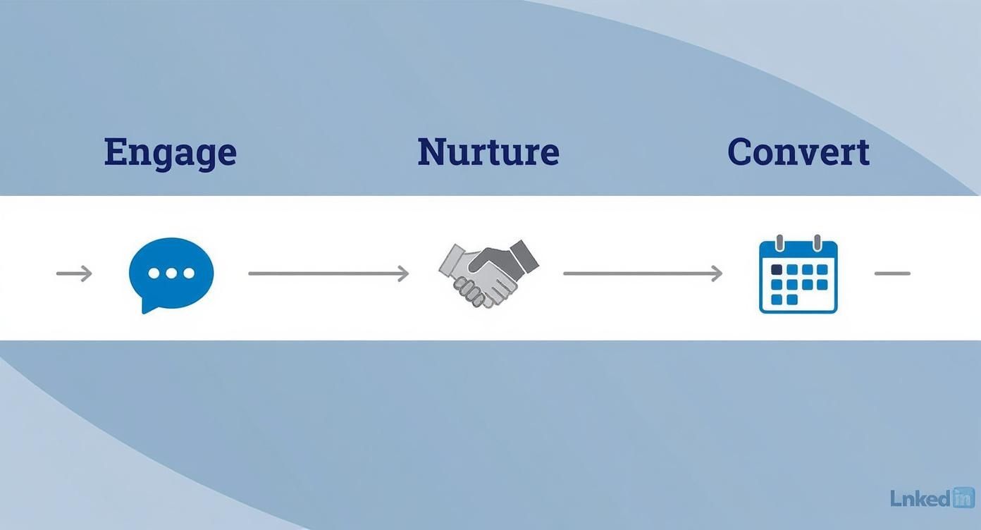 A three-step sales process graphic showing Engage (chat bubble), Nurture (handshake), and Convert (calendar).