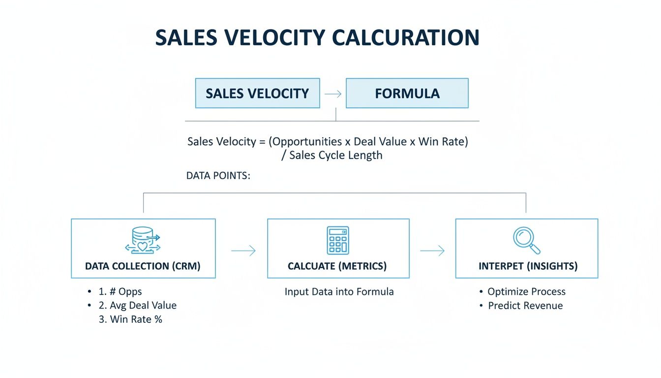 A diagram detailing the Sales Velocity calculation, formula, data points, and process steps.
