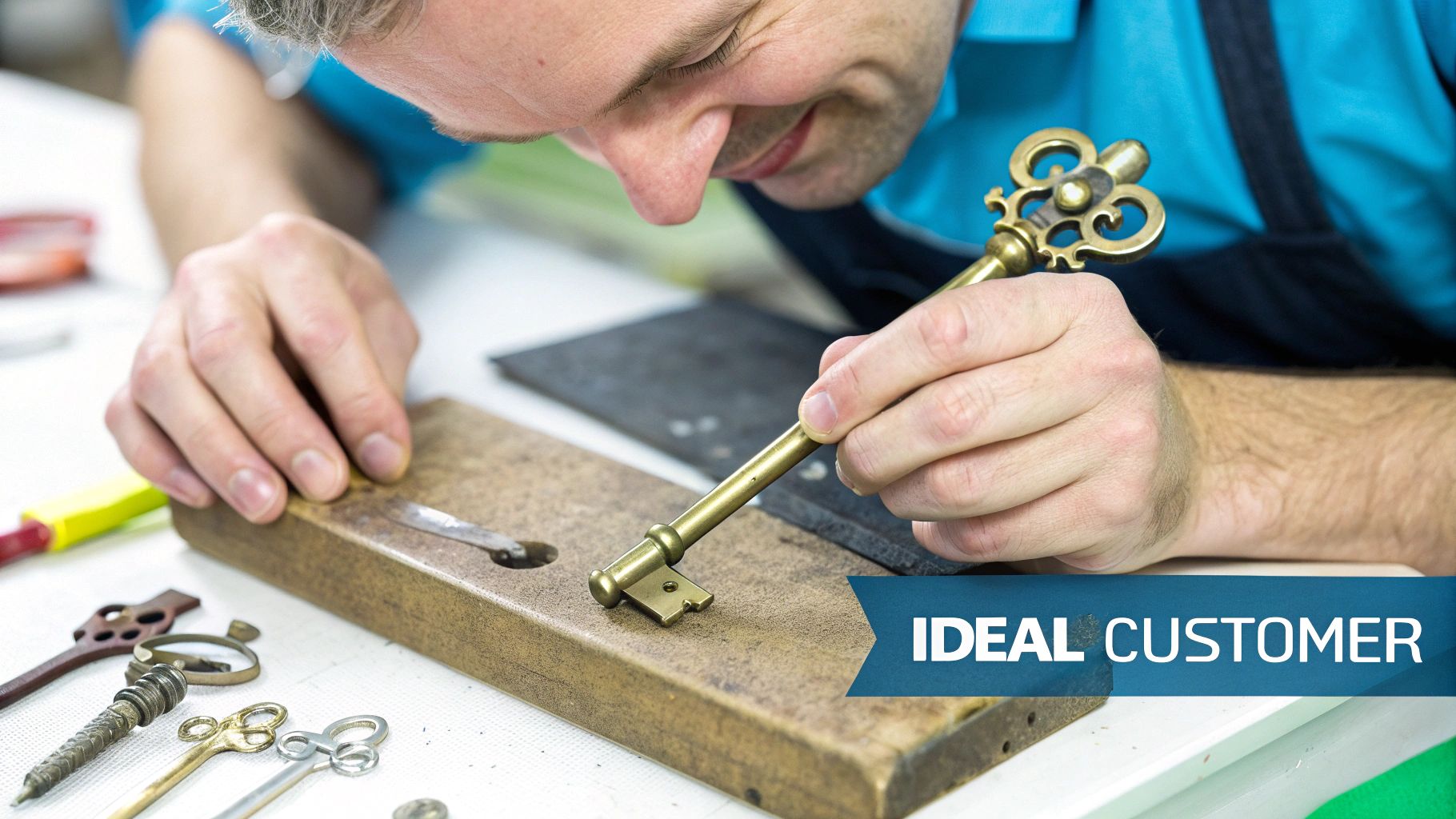 A skilled craftsman intently inspecting and working on a ornate golden skeleton key.