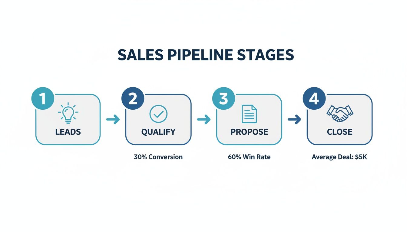 Diagram illustrating four sales pipeline stages: Leads, Qualify (30% conversion), Propose (60% win rate), Close.