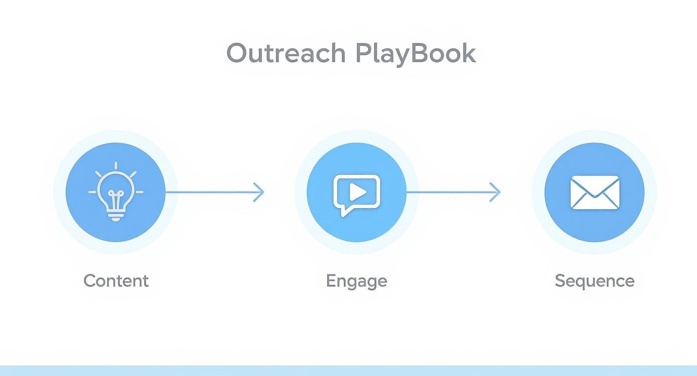 Outreach PlayBook flowchart illustrating the steps: Content, Engage, and Sequence, with corresponding icons.