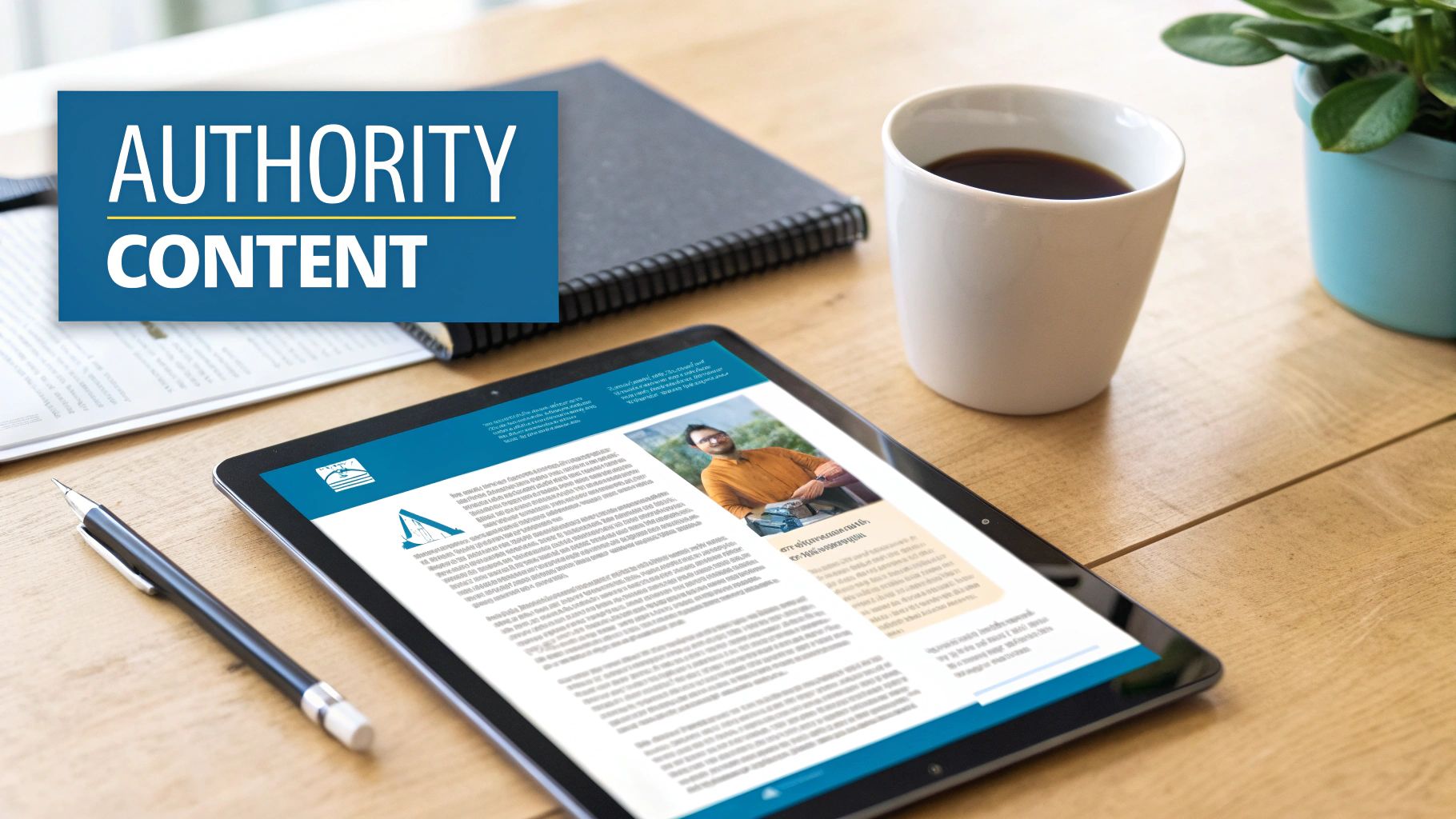 A desk setup featuring a tablet displaying 'Authority Content', a coffee cup, pen, notebook, and a plant.