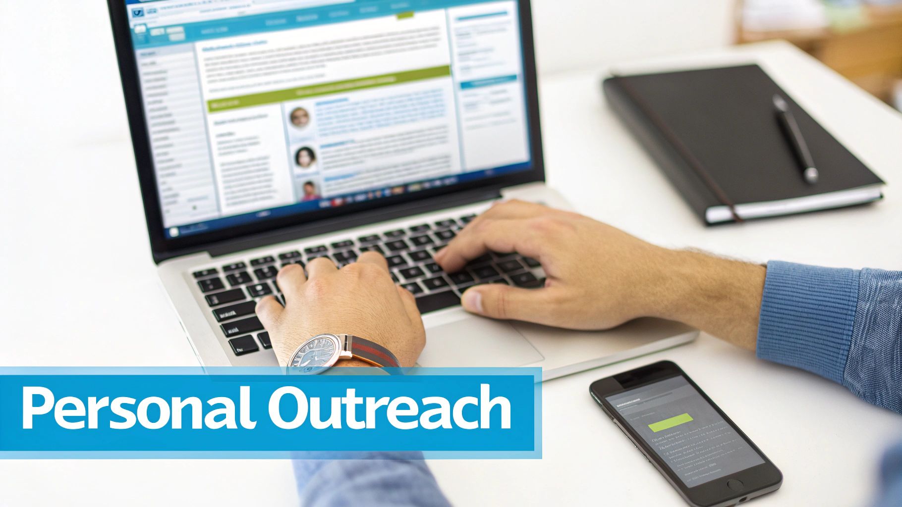 A person's hands are typing on a silver laptop displaying a website, with a smartphone and notebook on a white desk, emphasizing personal outreach.