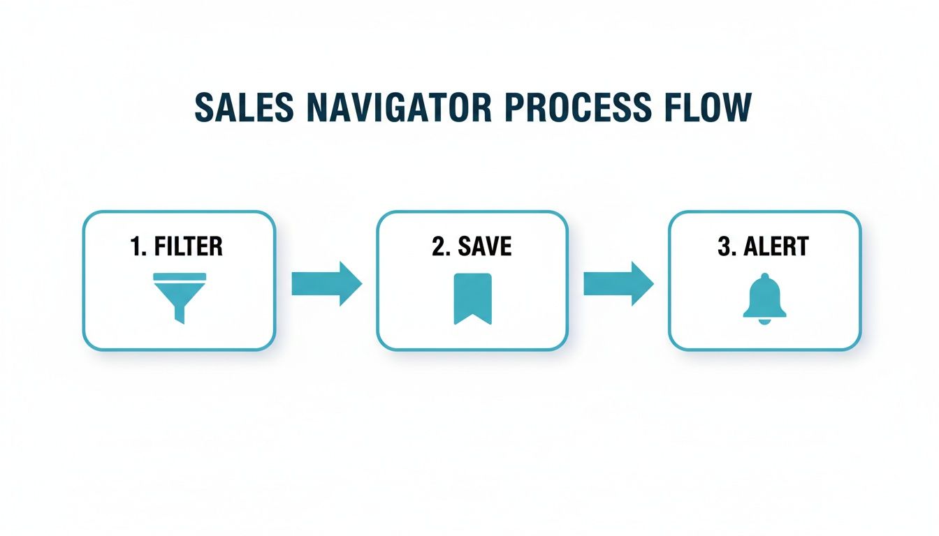 A flowchart showing the Sales Navigator process flow with three steps: 1. Filter (with a filter icon), 2. Save (with a bookmark icon), and 3. Alert (with a bell icon).
