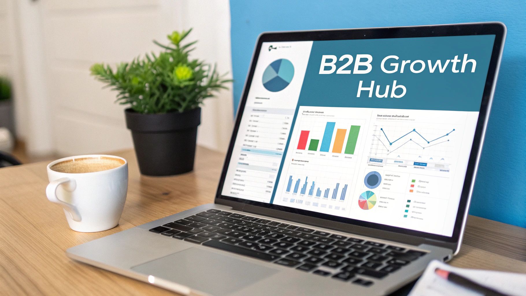 Laptop displaying a 'B2B Growth Hub' dashboard with charts, coffee, and plant on a desk.