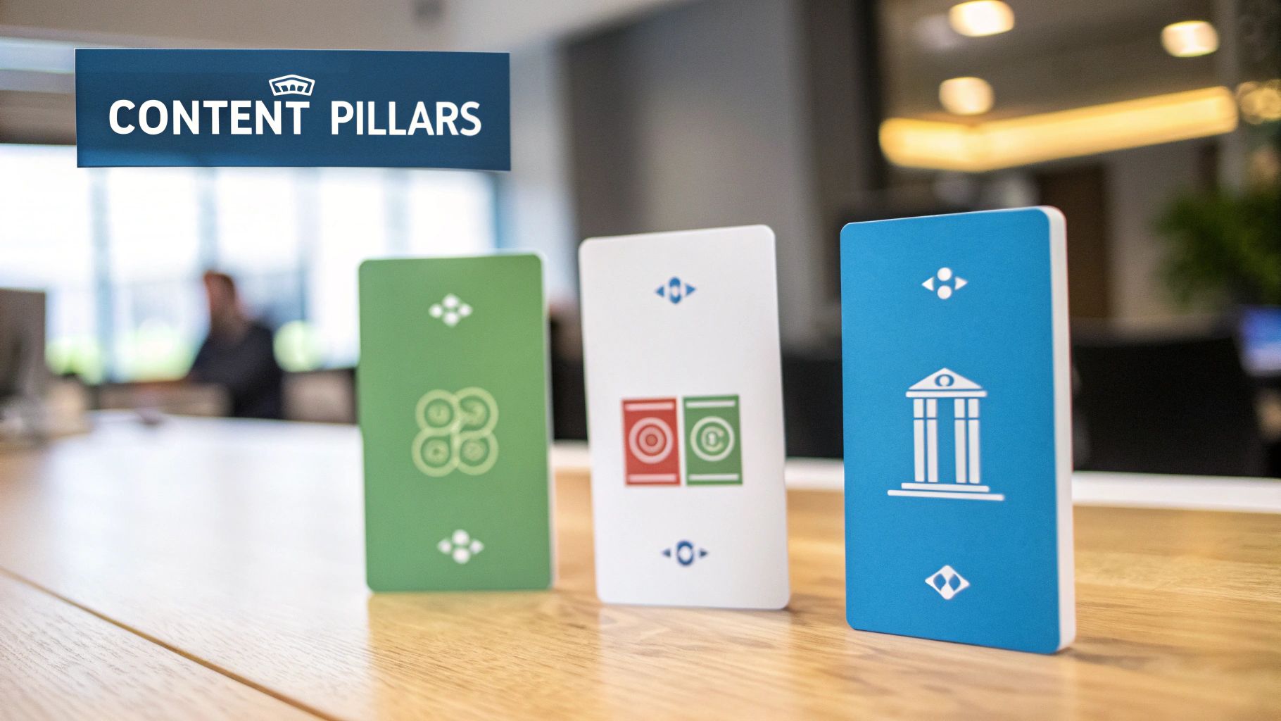 Three branded content pillars cards displaying icons for strategy framework on wooden desk in office