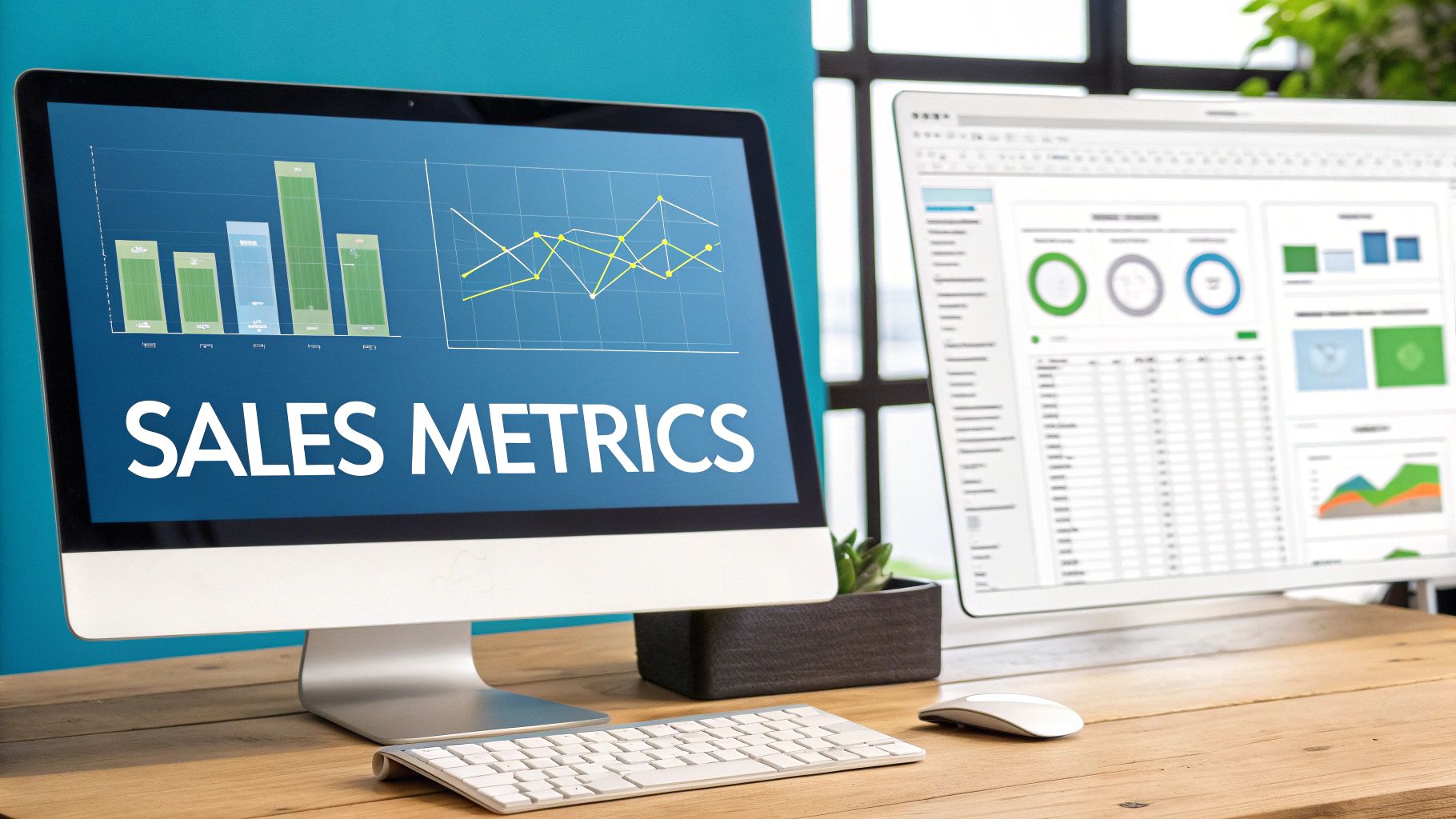 Two computer monitors on a wooden desk displaying sales metrics dashboards with various charts and graphs.