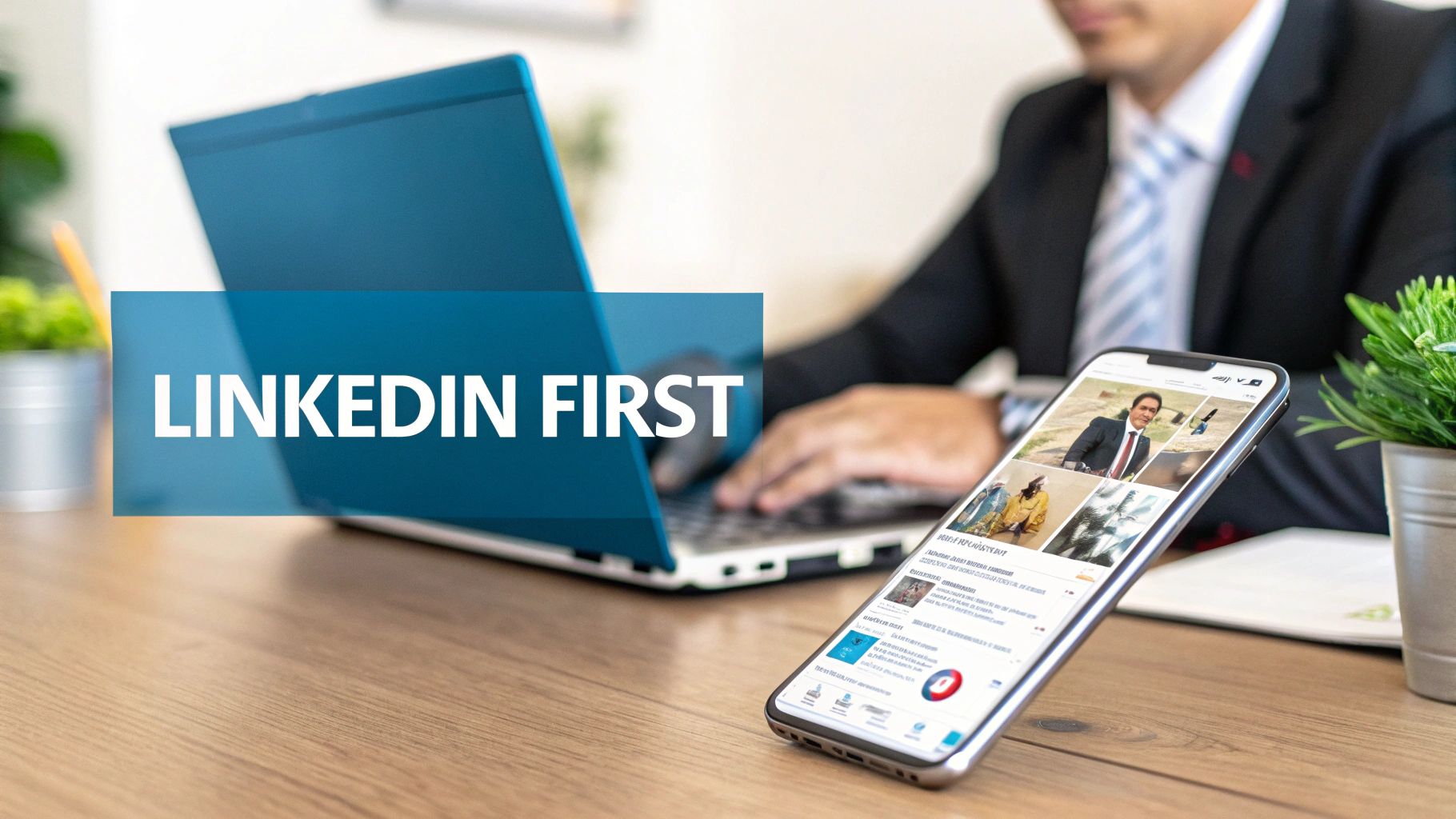A professional in a suit works on a laptop while a smartphone shows a LinkedIn feed with a "LINKEDIN FIRST" overlay.