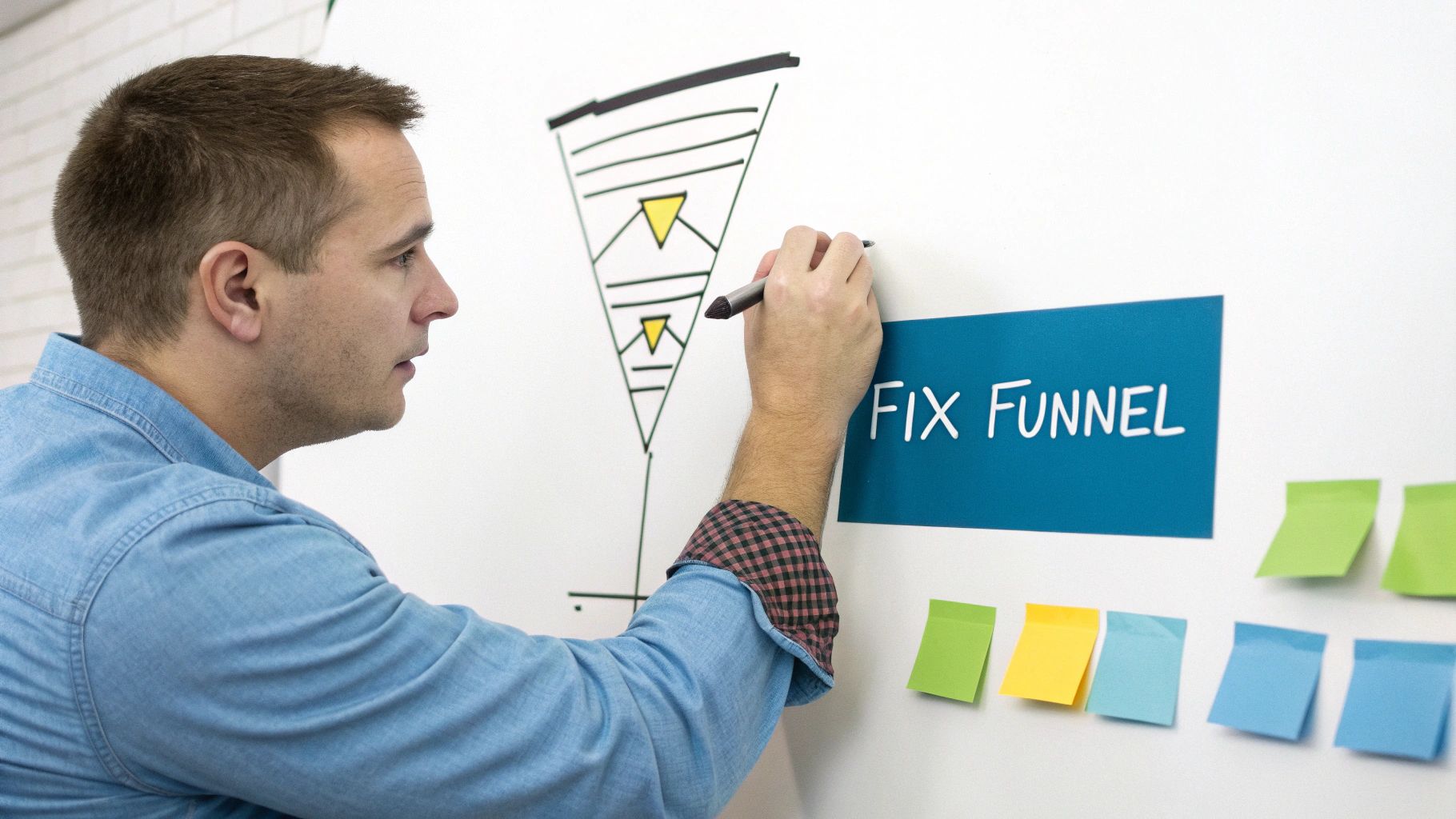 Man drawing a sales funnel diagram and writing 'FIX FUNNEL' on a whiteboard with sticky notes.