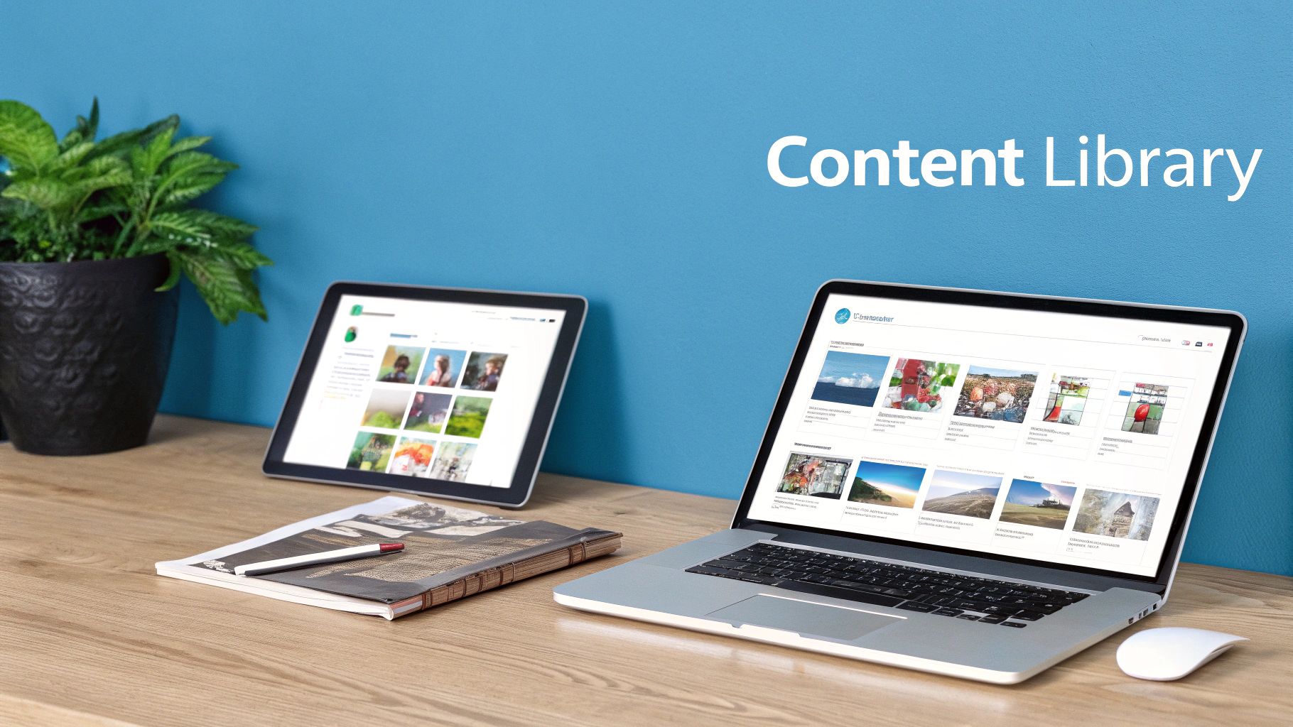 A laptop and a tablet display a 'Content Library' website on a wooden desk with a plant.
