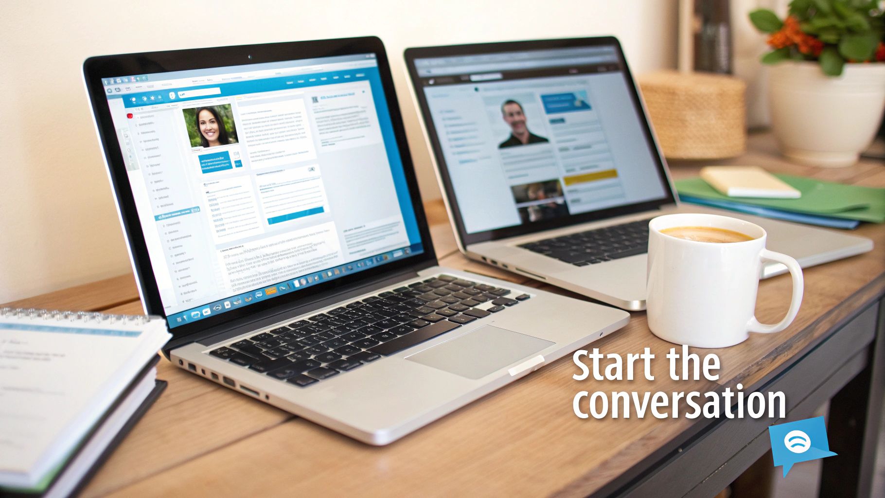 Two laptops on a wooden desk display professional profiles, with a coffee mug and notebooks nearby, encouraging connection.