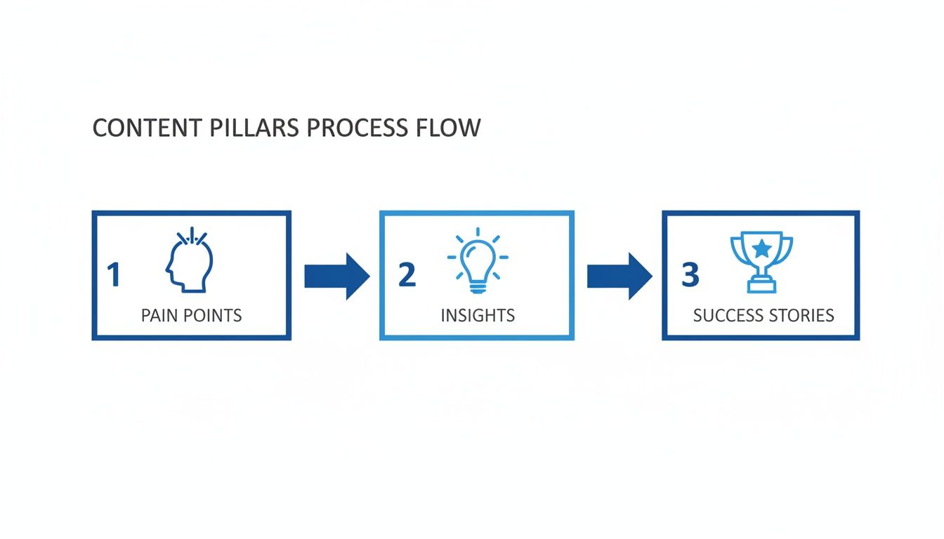 Process flow diagram illustrating three content pillars: Pain Points, Insights, and Success Stories.