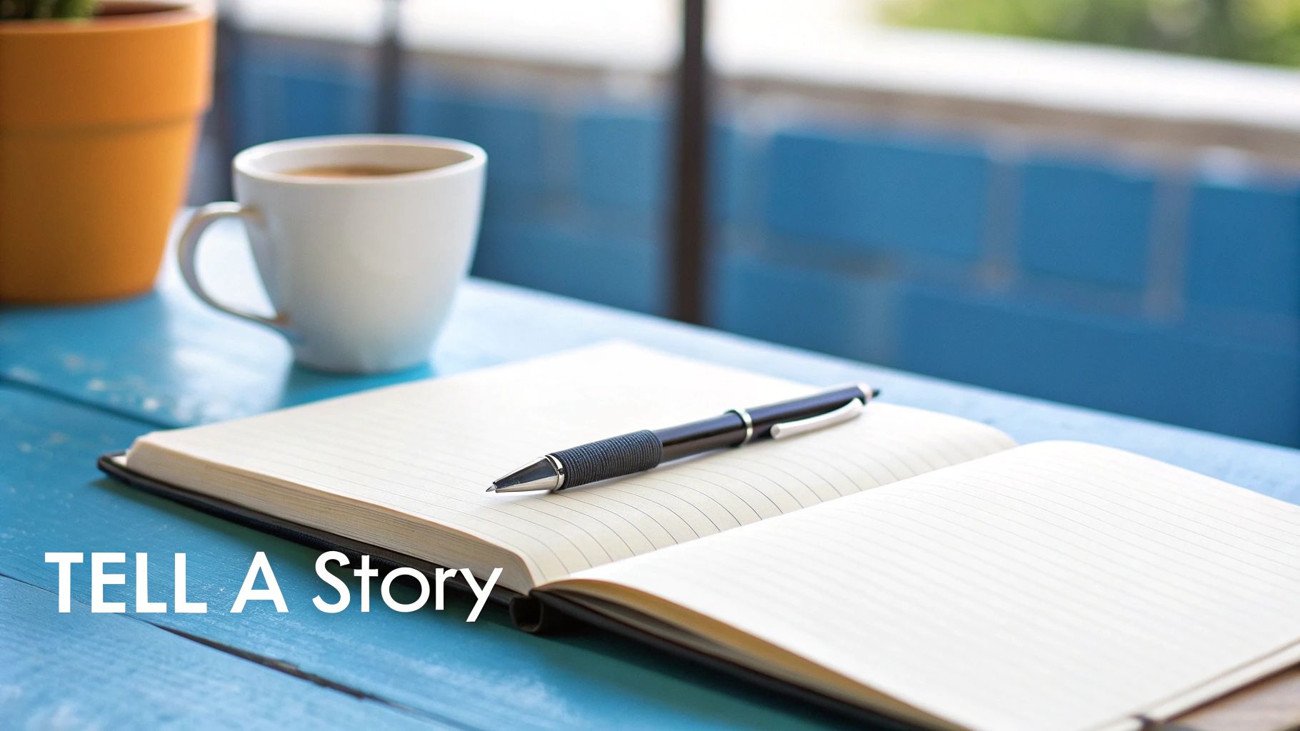 An open notebook with a pen, coffee cup, and plant pot on a blue table with "TELL A Story" overlay.