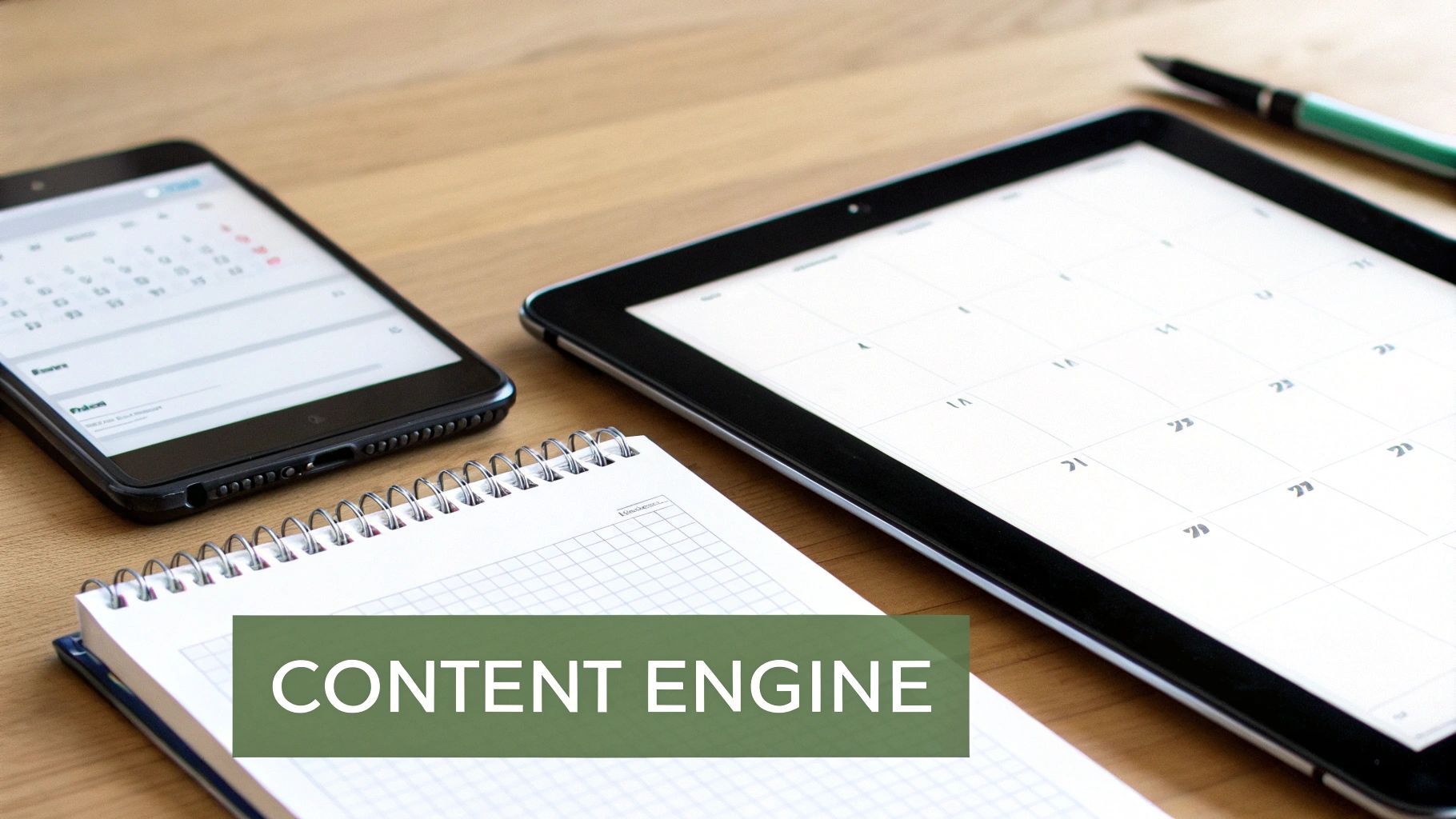 An image showing a person creating a content calendar on a large whiteboard, with sticky notes, charts, and social media icons.