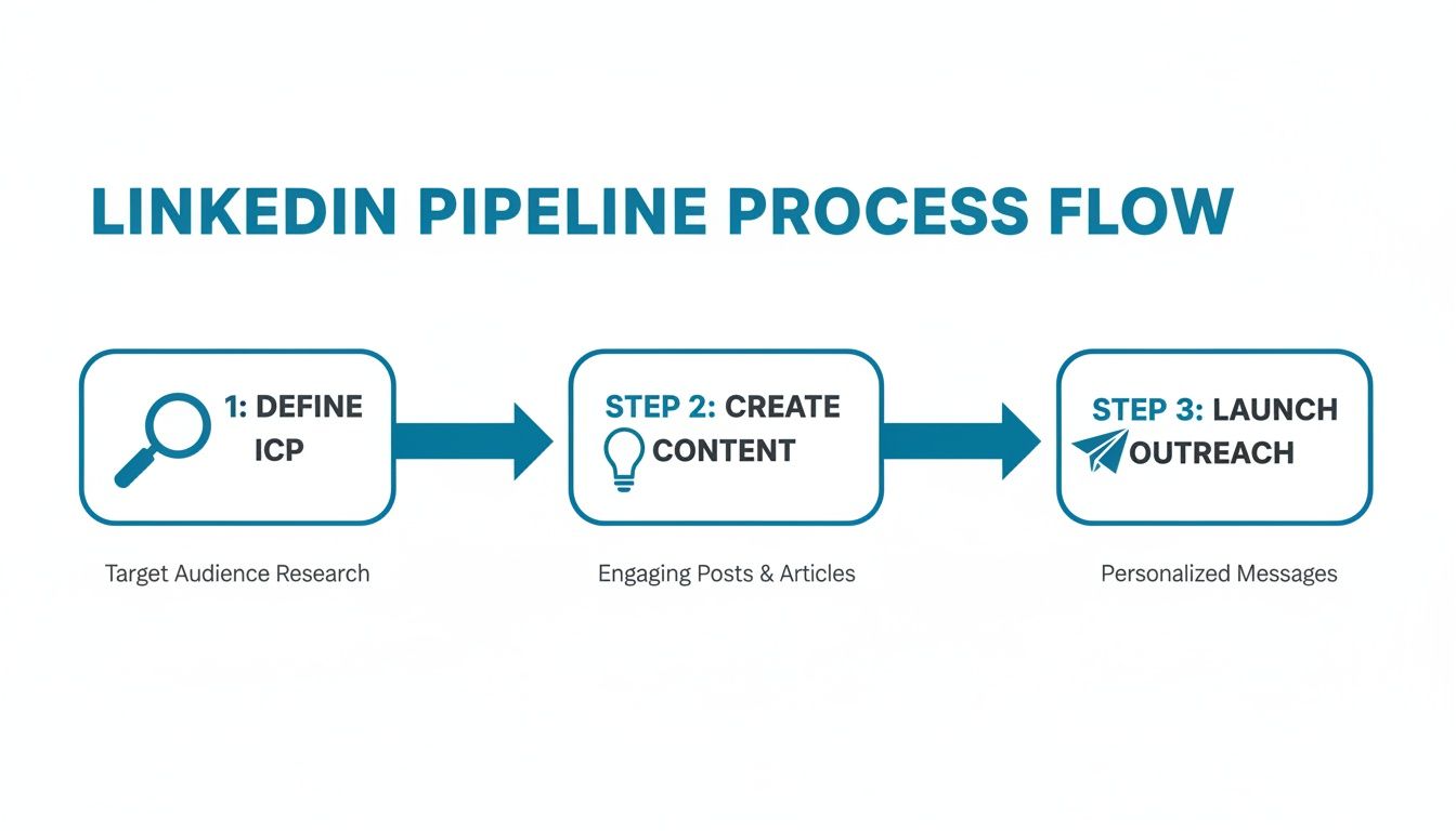 A three-step LinkedIn pipeline process flow showing defining ICP, creating content, and launching outreach.