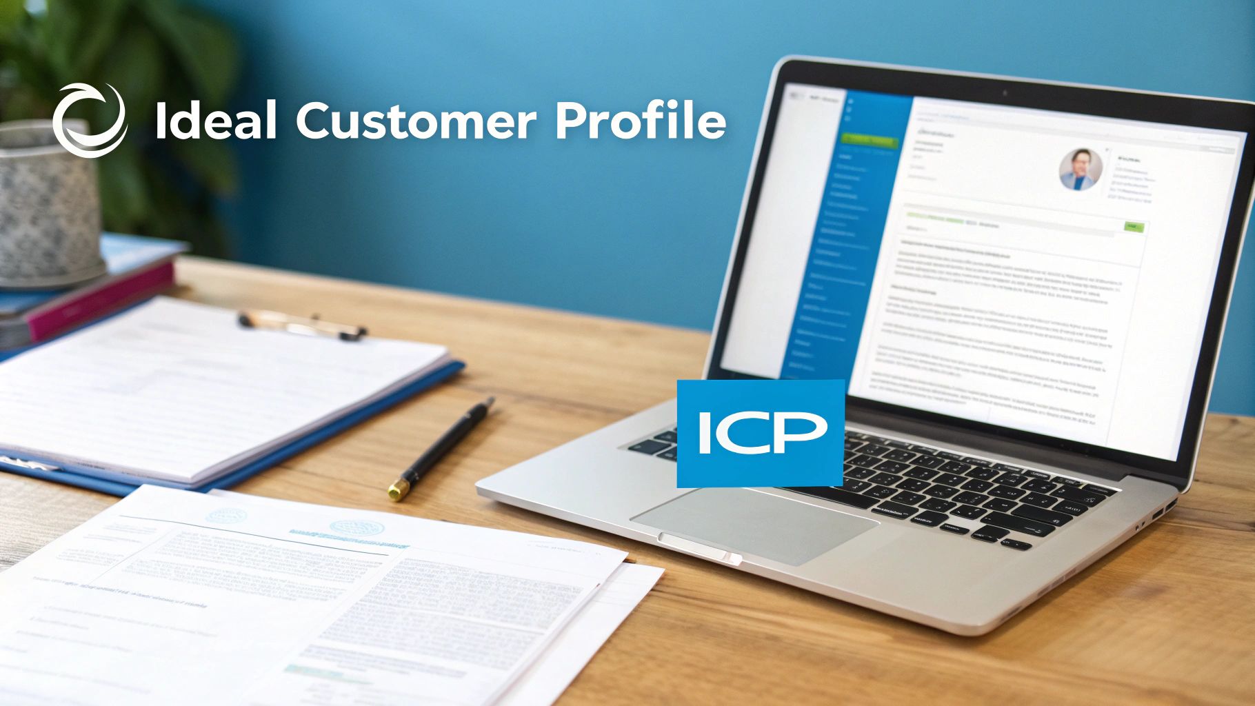 Laptop displaying an ideal customer profile with 'ICP' overlay on a wooden desk with documents.