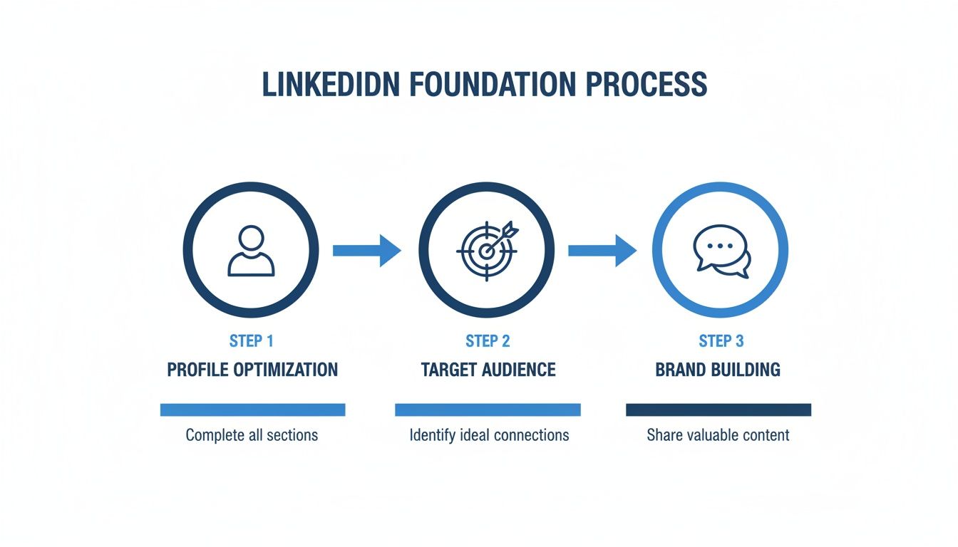 LinkedIn foundation process showing 3 steps: profile optimization, target audience, and brand building.