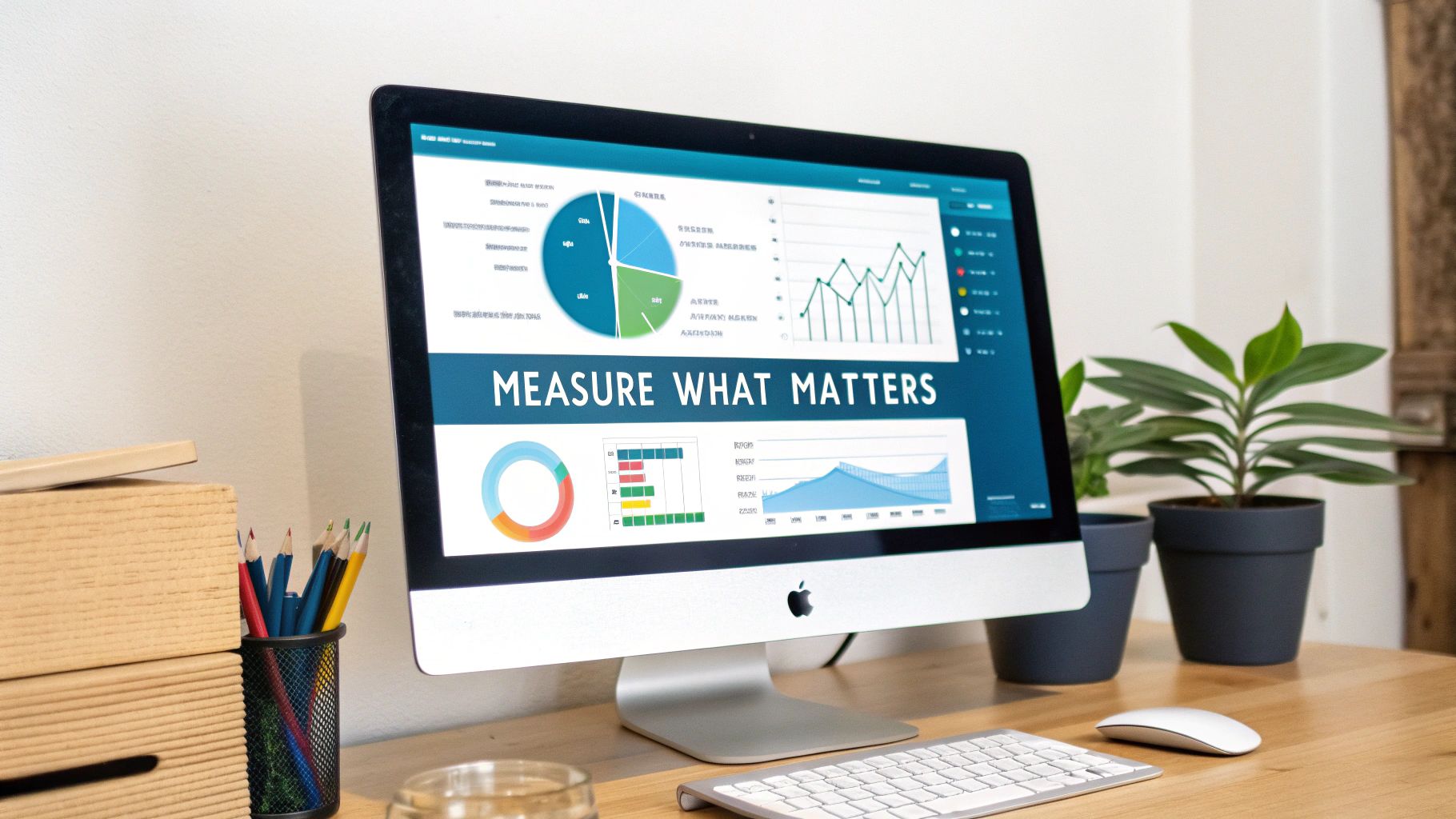 A computer screen displays business data analytics with charts, graphs, and 'MEASURE WHAT MATTERS' text.