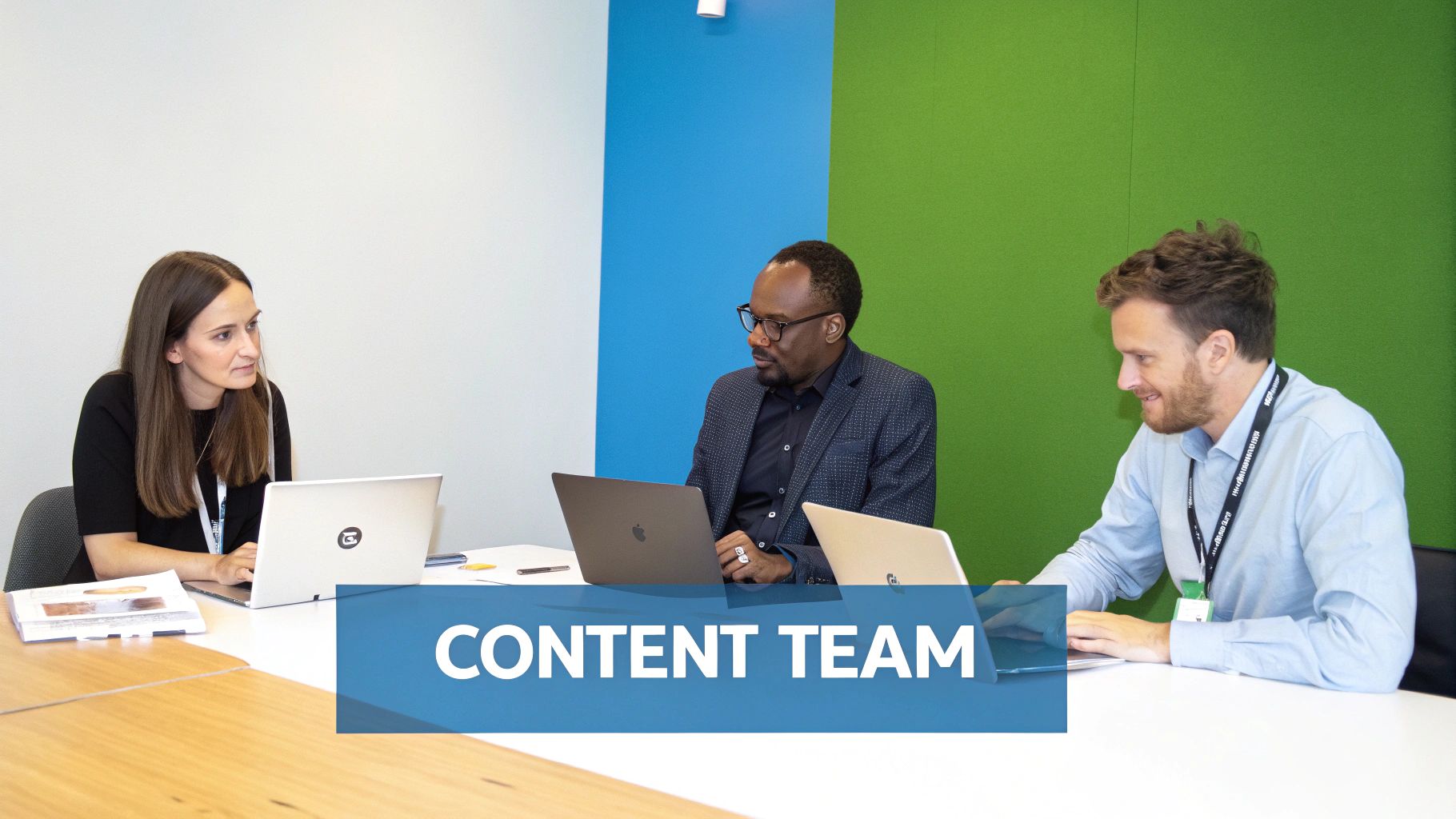 Three diverse professionals collaborating at meeting table with laptops discussing content marketing strategy