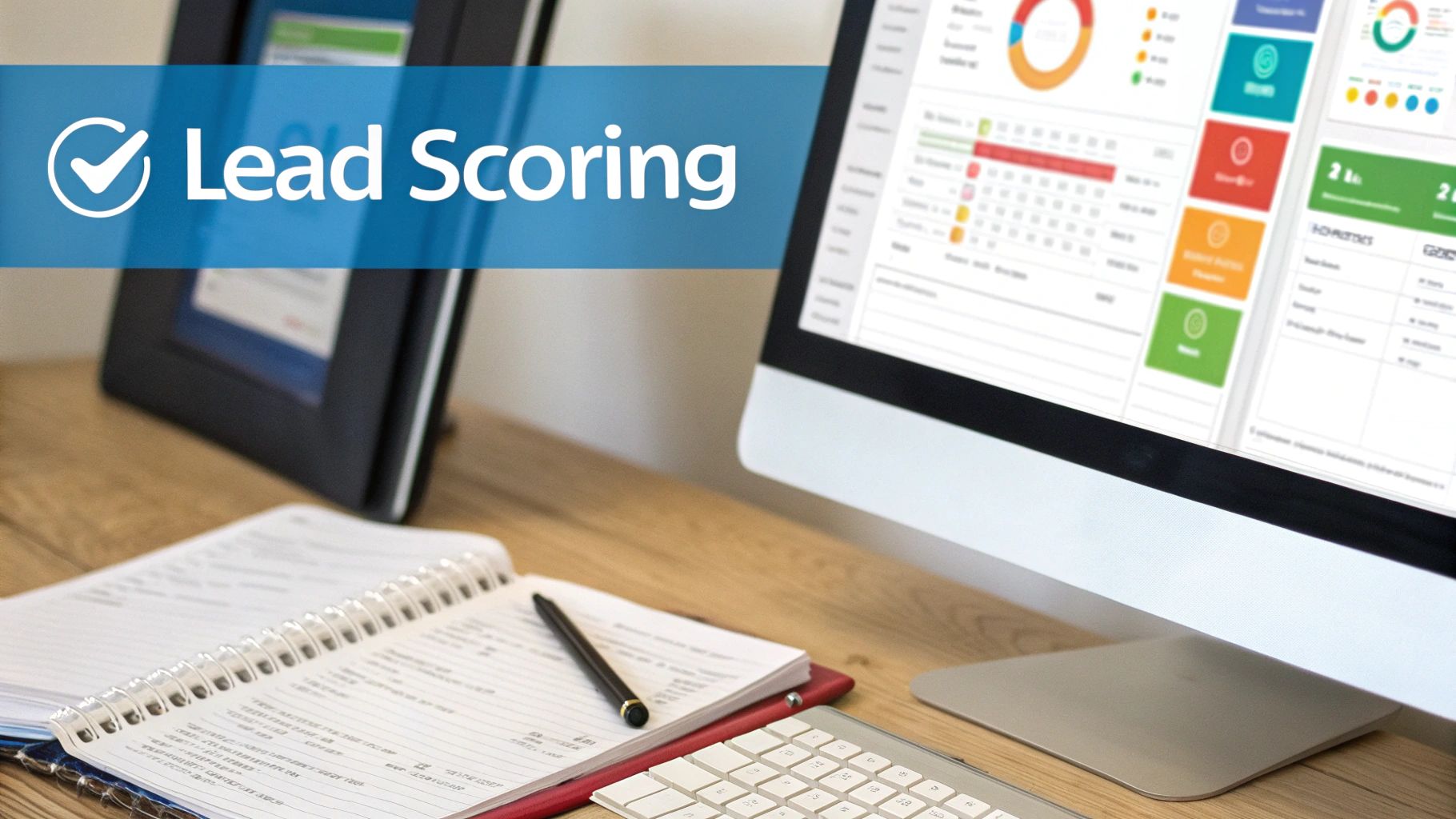 A modern office desk with a computer displaying a lead scoring dashboard and a notebook.
