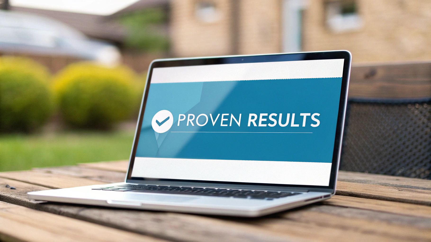 A laptop on a wooden table displays 'PROVEN RESULTS' with a checkmark icon on its screen.