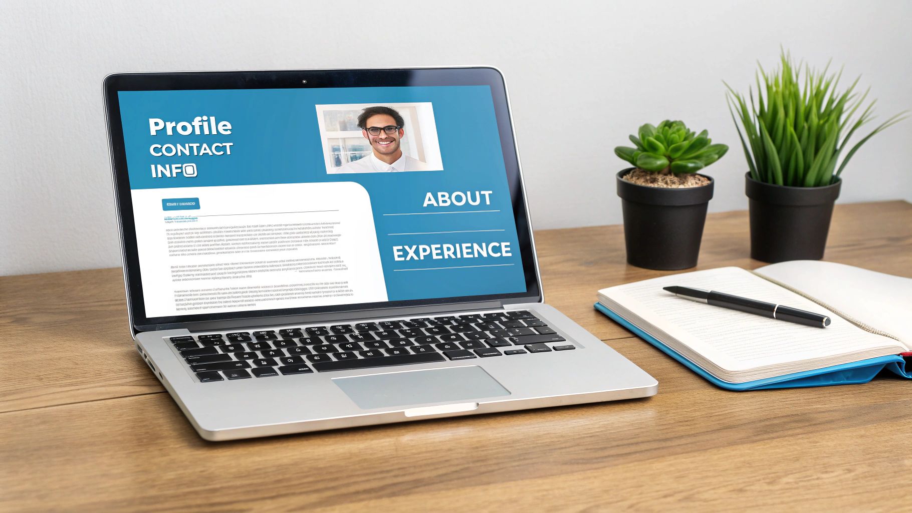 Laptop displaying a professional profile with contact info, about, and experience sections on a wooden desk with potted plants and a notebook.