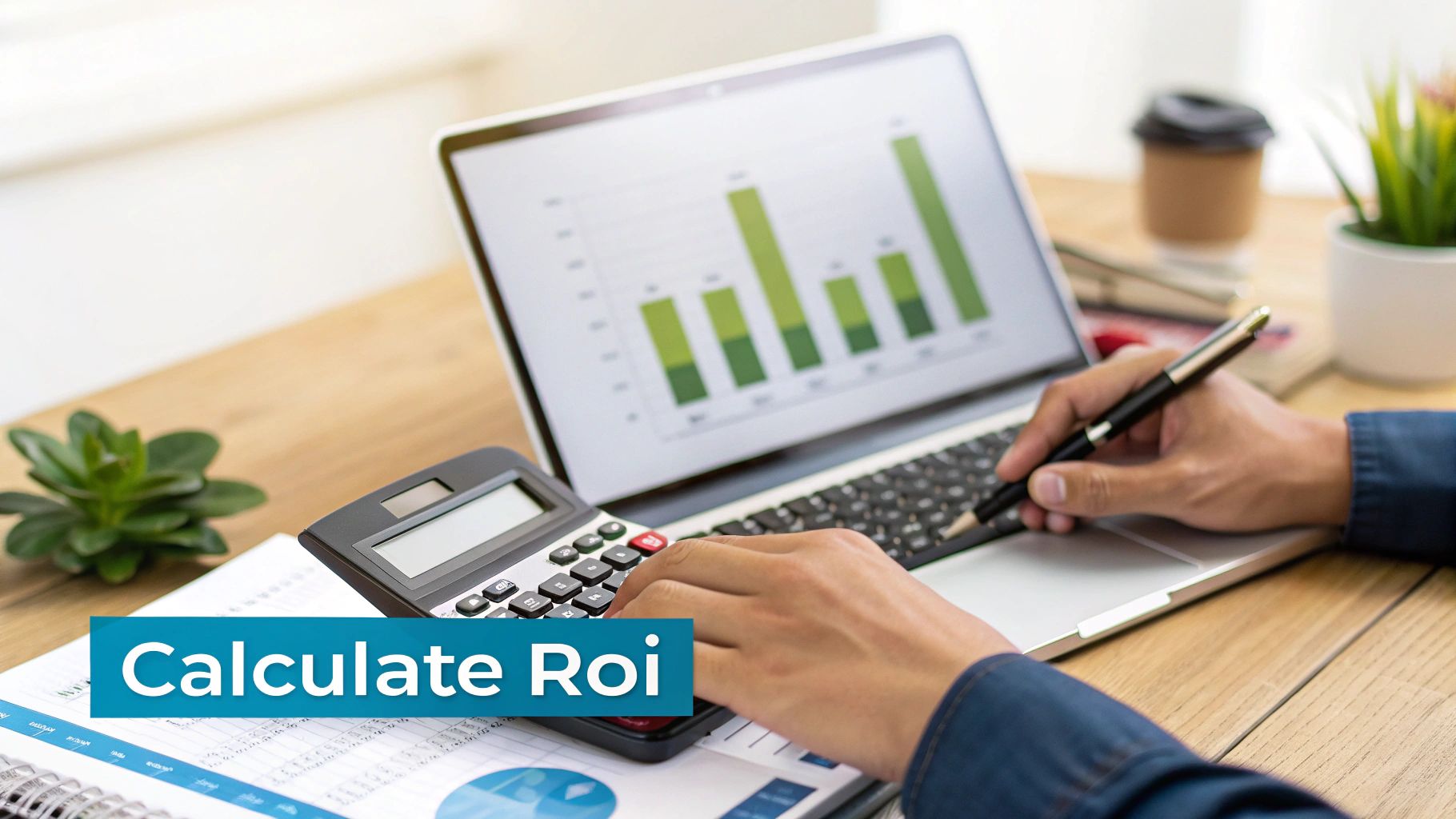 Person calculating ROI with a calculator, laptop showing charts, and documents on a wooden desk.
