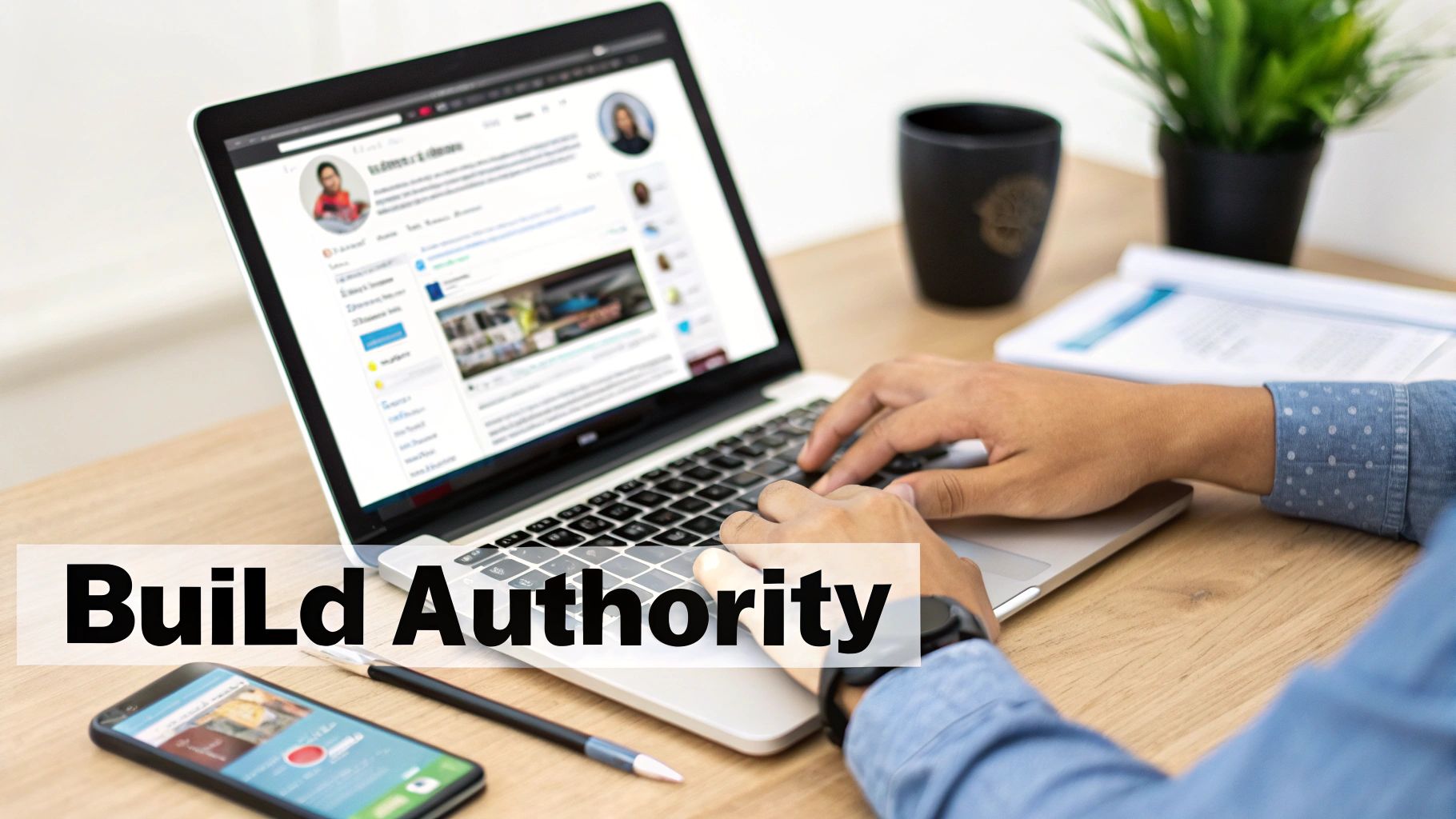 A person creating engaging content on a laptop, illustrating the concept of building authority on LinkedIn for B2B sales.