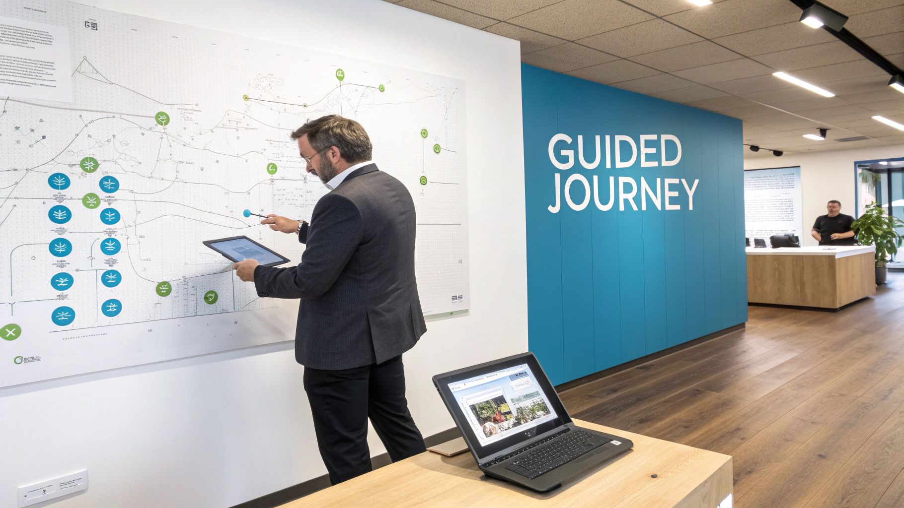 Man with tablet and stylus interacts with a large, detailed map on a wall in a modern office.