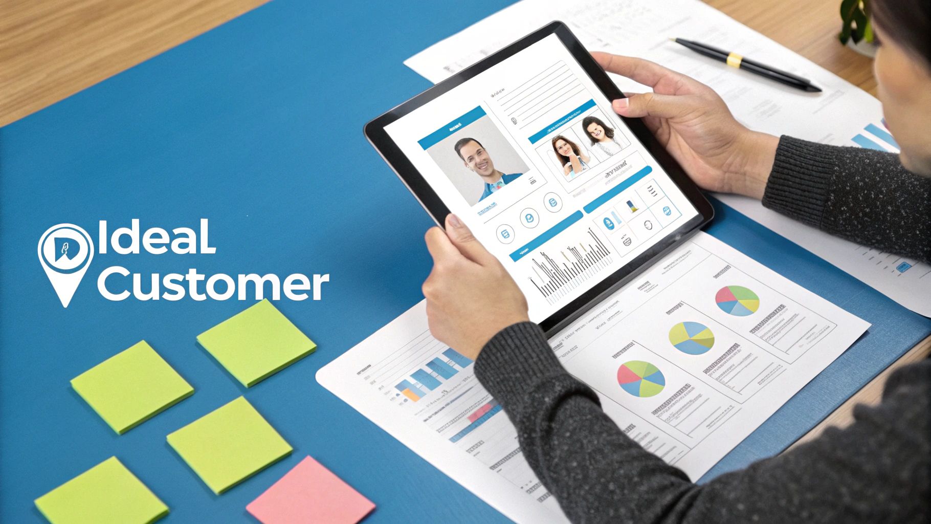 Person analyzing an ideal customer profile on a tablet with marketing data and charts on a desk.