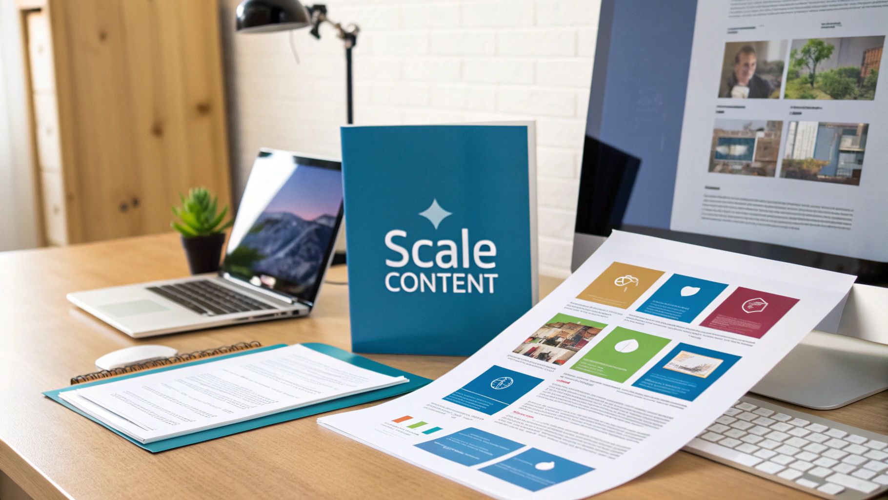 A modern desk setup featuring a laptop, monitor, a binder labeled 'Scale Content', and printed documents.