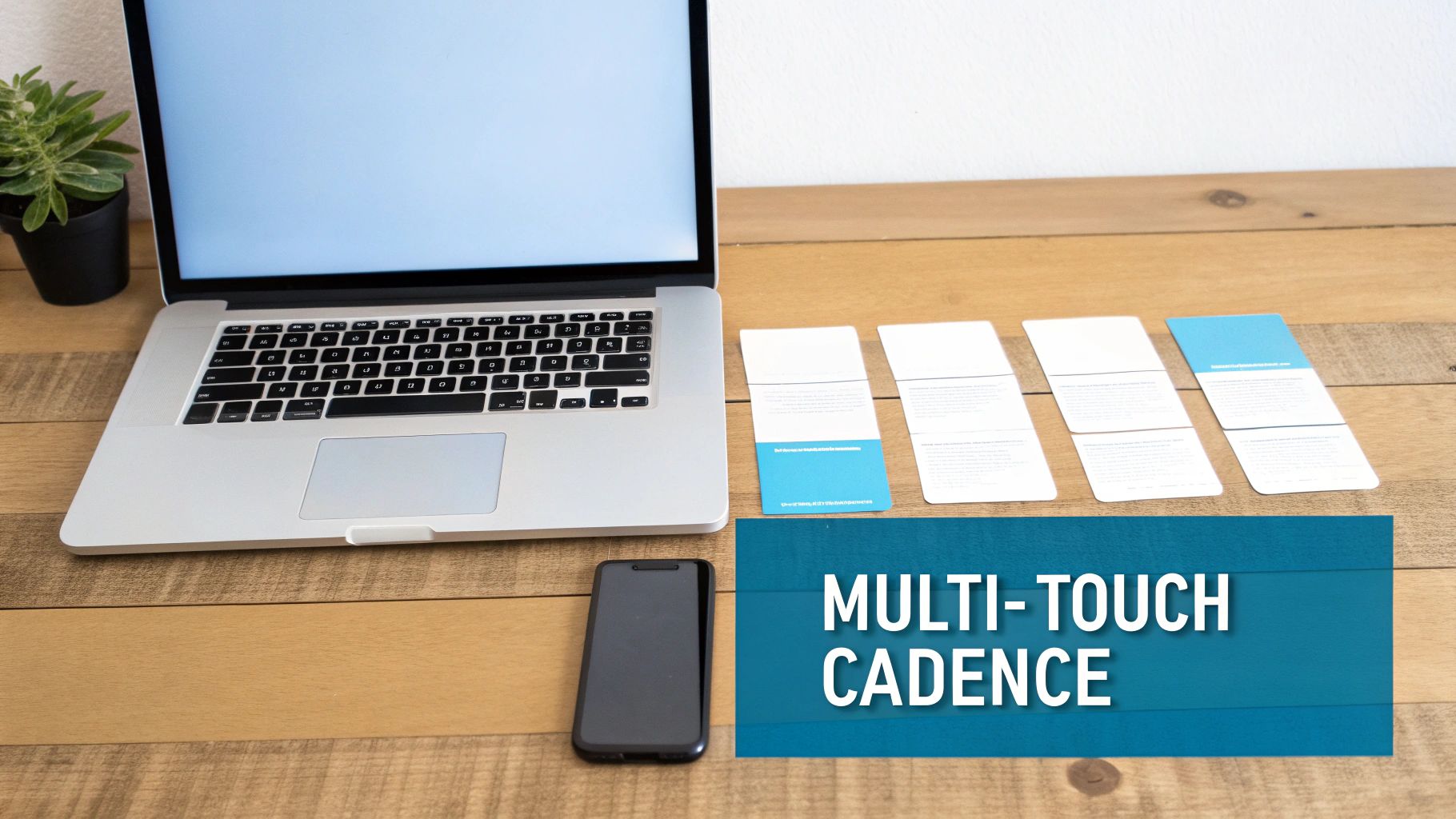 A professional workspace with a laptop, smartphone, and cards, highlighting multi-touch cadence.