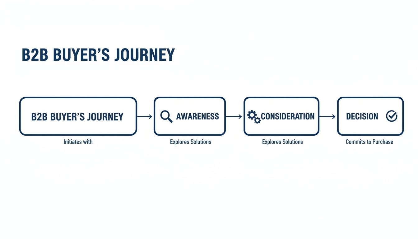 Flowchart illustrating the B2B buyer's journey from awareness to decision and purchase commitment.