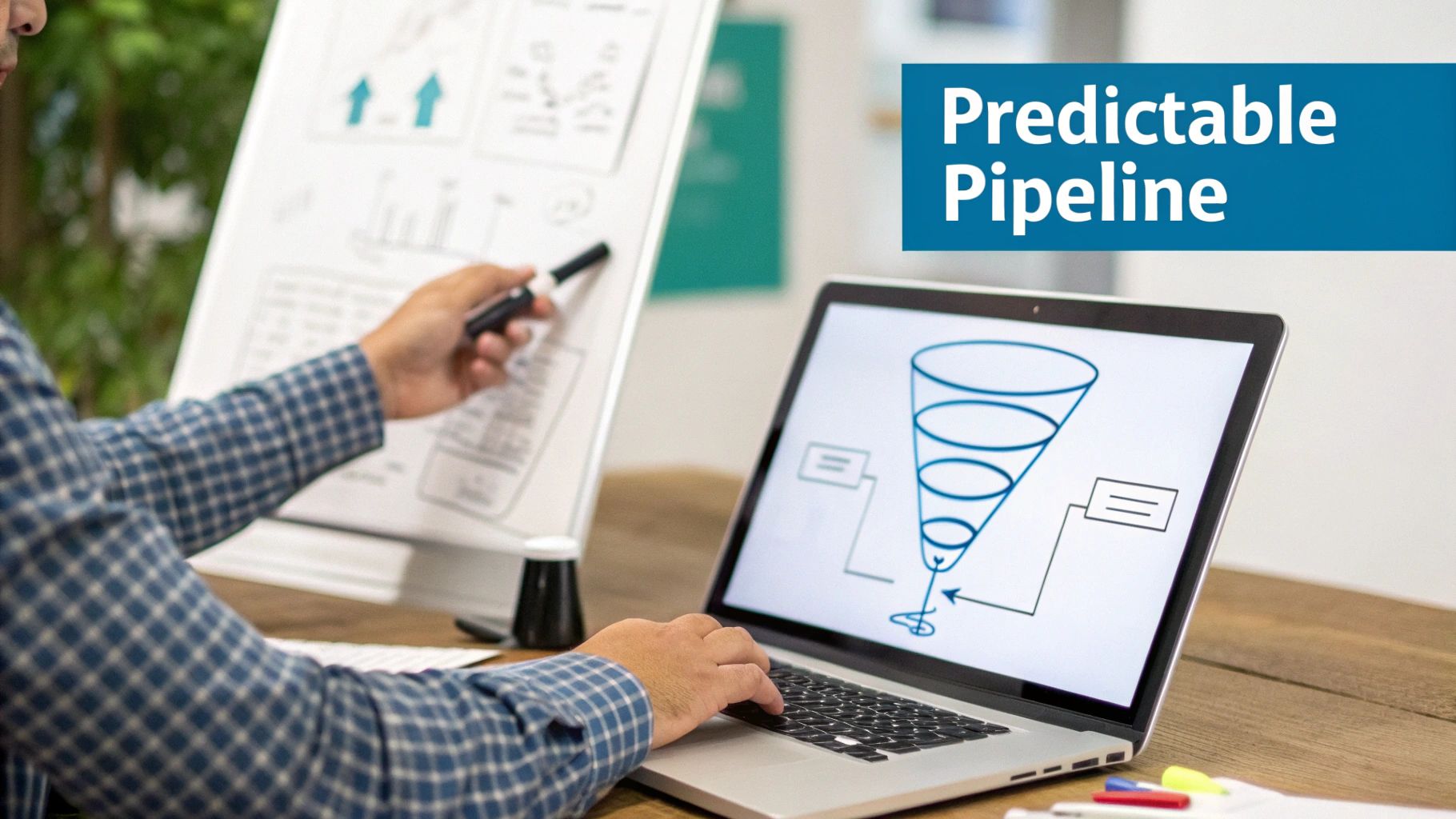 A person points at a whiteboard while another types on a laptop showing a sales funnel and charts for a predictable pipeline.