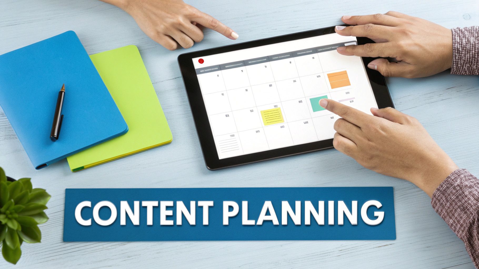 Two people planning content on a tablet calendar, with notebooks and a 'CONTENT PLANNING' banner.