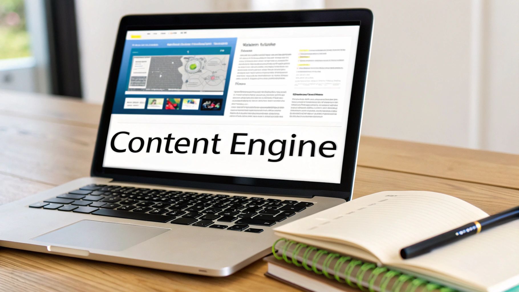 An engine being built with content pieces as gears and components