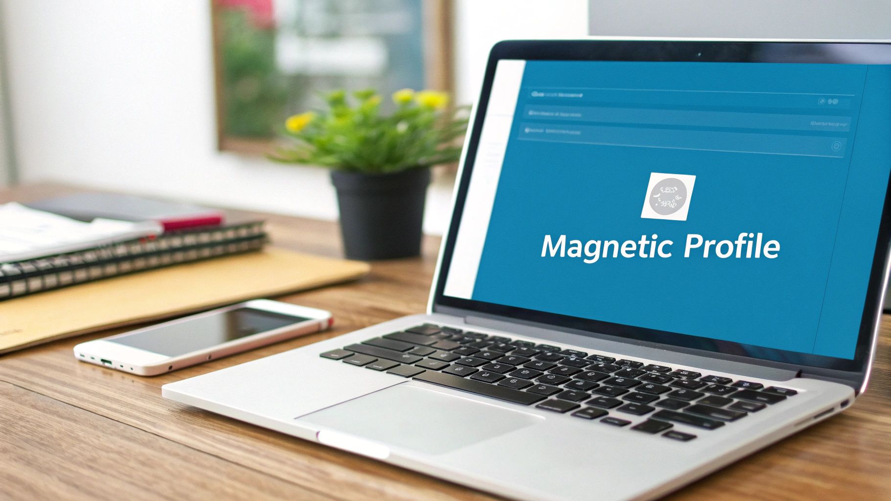 A laptop displaying 'Magnetic Profile' on its screen, alongside a smartphone and notebooks on a wooden desk.