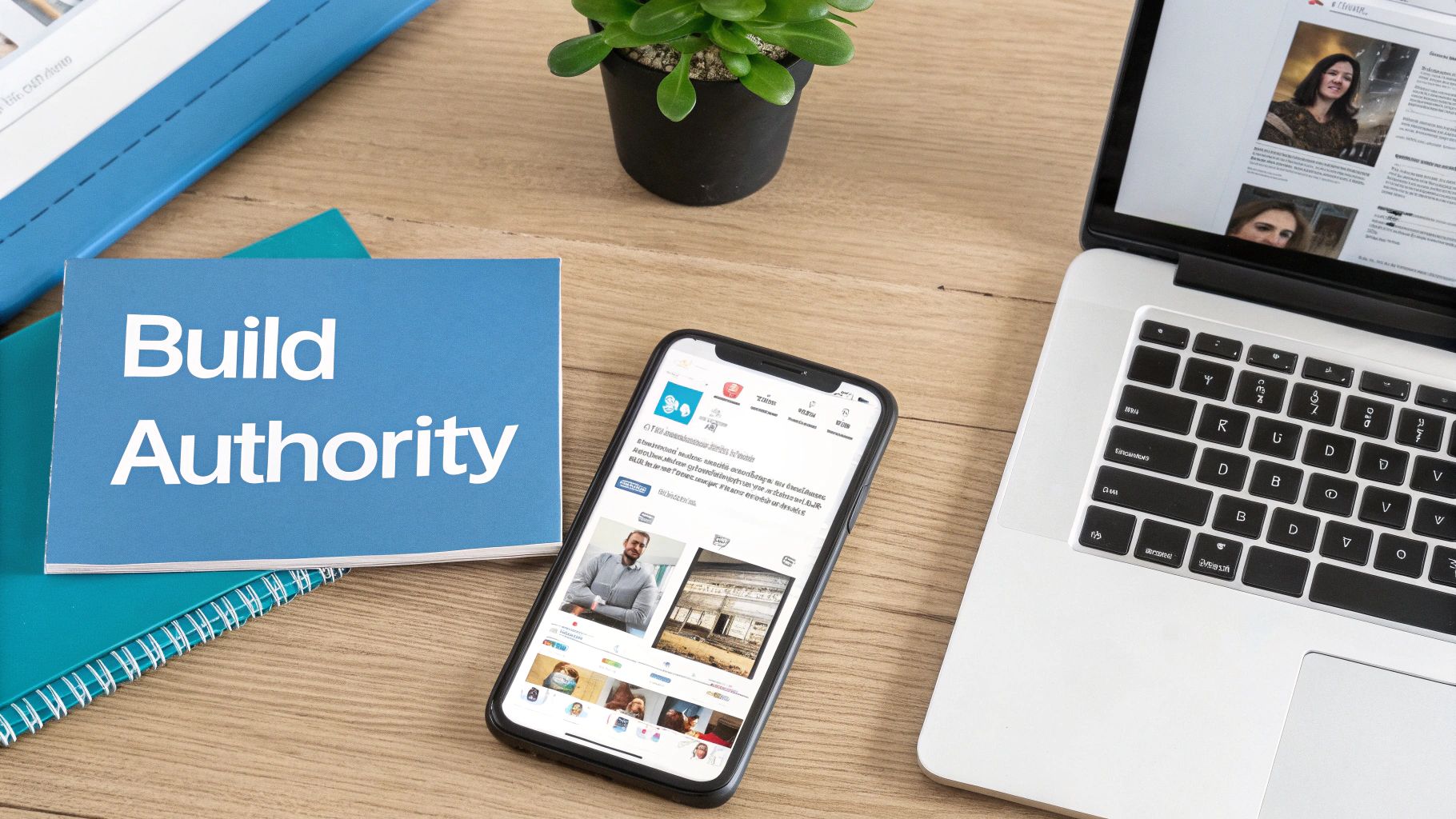 A flat lay of a professional desk with a 'Build Authority' book, smartphone, and laptop.