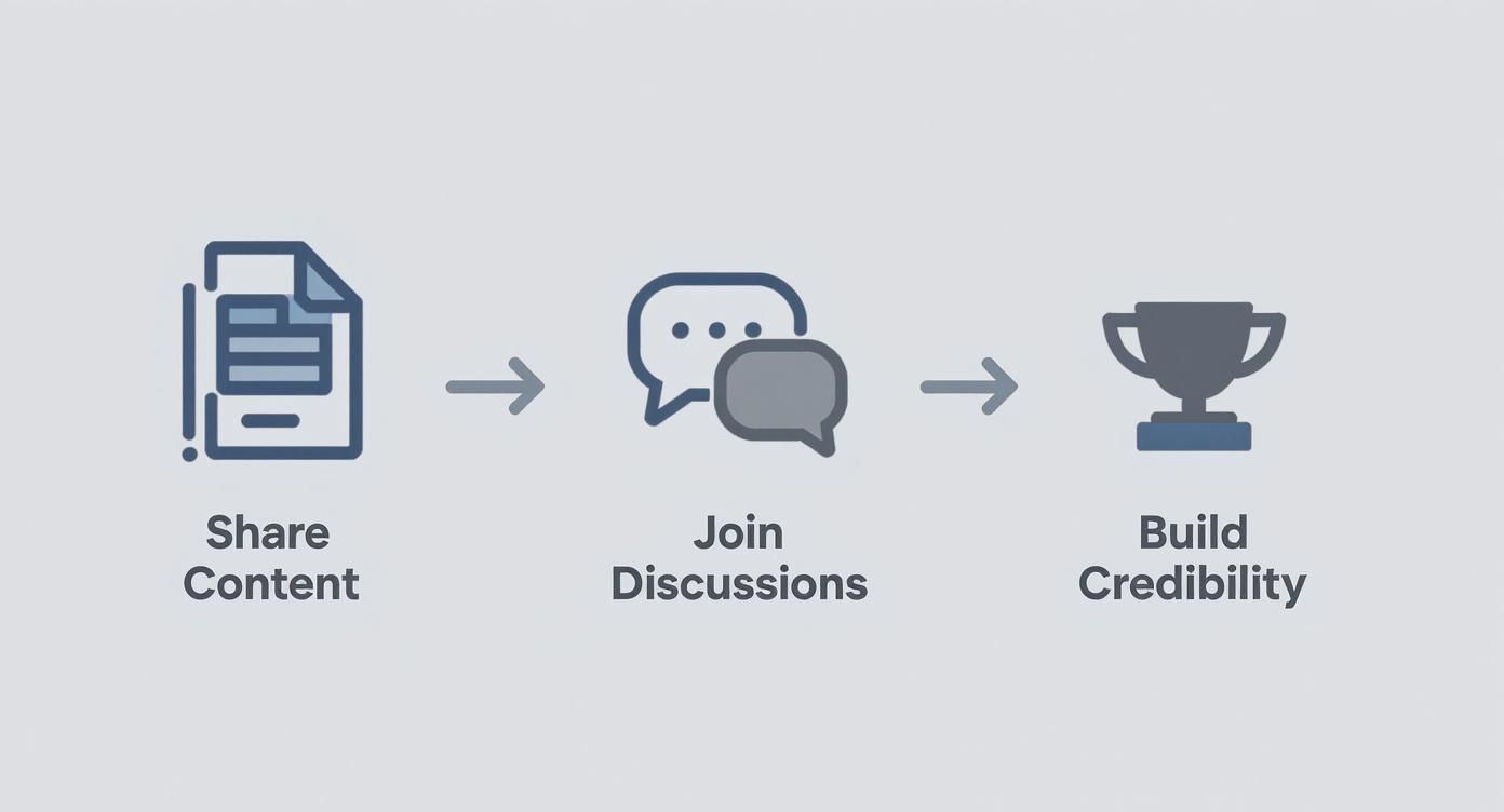 Flowchart illustrating how to build credibility by sharing content and joining discussions online.