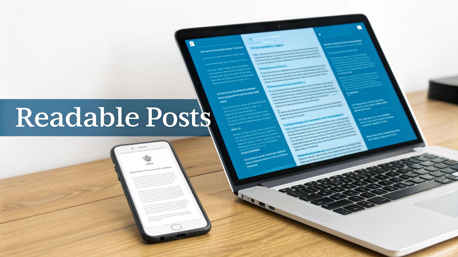 A laptop and a smartphone display web content on a wooden desk, with 'Readable Posts' banner.