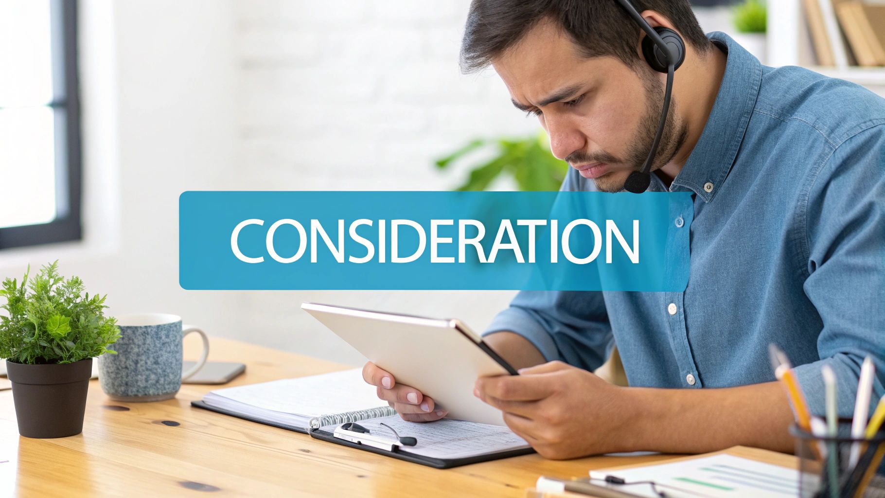 A man in a headset focused on a tablet, with 'CONSIDERATION' text prominent.
